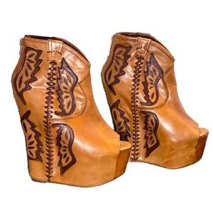 Jeffrey Campbell Western Open Toe Platform Laced Leather Handmade Booties Sz 6M
